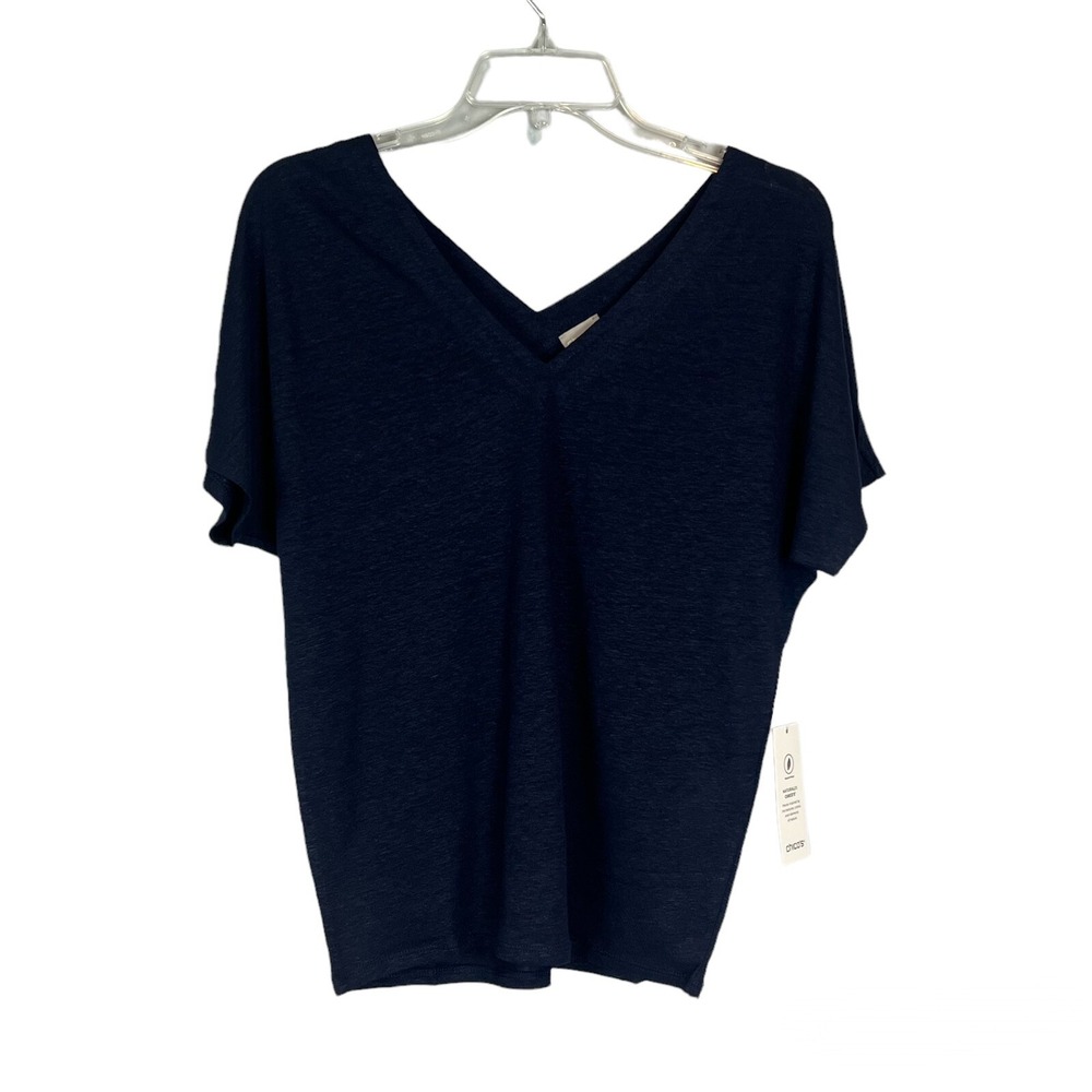 Chico's Linen Knit V Neck Blouse Navy Short Sleeve Small NWT
